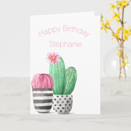 キュートガーリー吸汁性サボテンの水彩誕生日 カード (黄色い花)