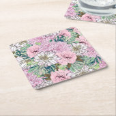 キュートガーリー赤面ピンク&ホワイトフローライラストレーション スクエアペーパーコースター (アングル)