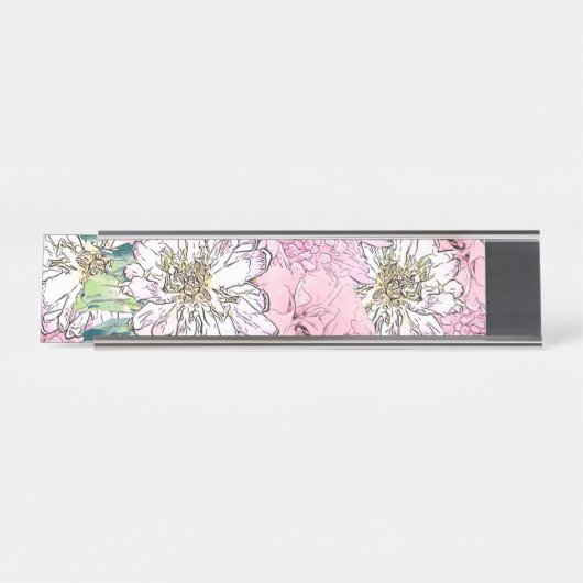 キュートガーリー赤面ピンク&ホワイトフローライラストレーション デスクネームプレート (正面)