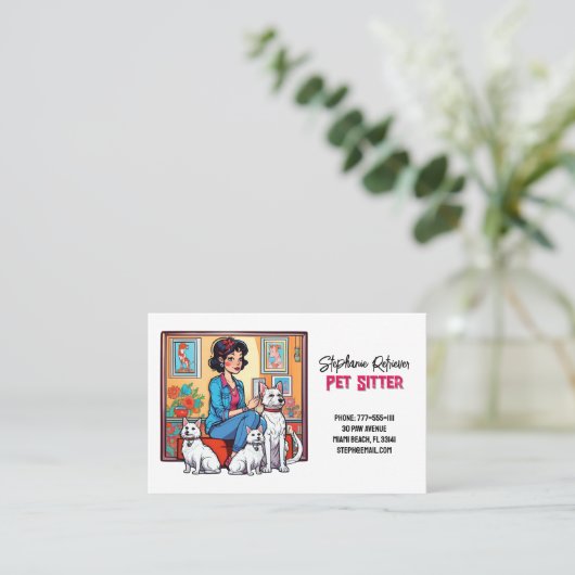 キュートガールインブルーペットシッタードッグウォーカー 名刺 (スタンド正面)