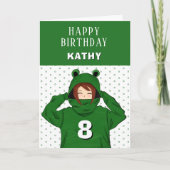 キュートガールグリーンカエルフード付きスウェットシャツスケッチ誕生日 カード (正面)