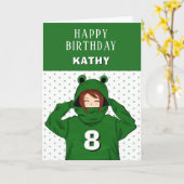 キュートガールグリーンカエルフード付きスウェットシャツスケッチ誕生日 カード (黄色い花)
