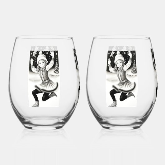 キュートガールスケートで滑る飲み物用品セット ステムなしワイングラス (正面)