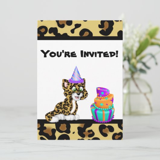 キュートガールズアニマルプリントレオパード誕生日招待状 招待状 (スタンド正面)
