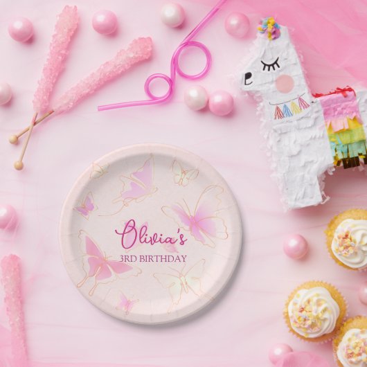 キュートガールズピンクバタフライ誕生日紙プレート ペーパープレート (パーティー)