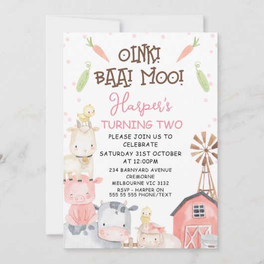 キュートガールズファームをテーマにした野菜誕生日 招待状 (正面)