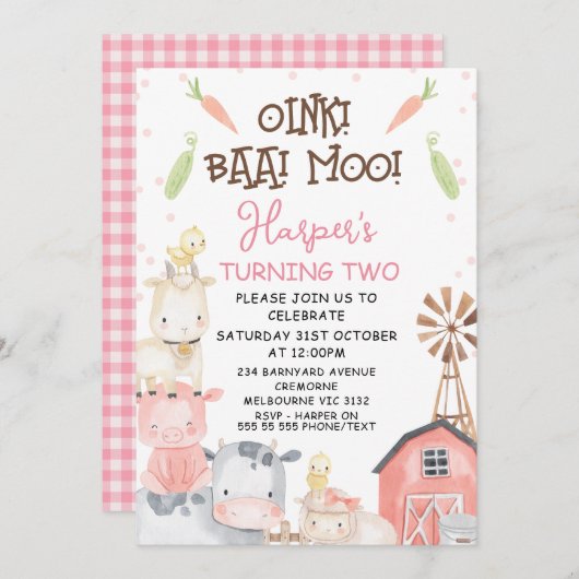 キュートガールズファームをテーマにした野菜誕生日 招待状 (正面/裏面)