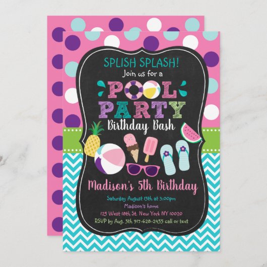 キュートガールズプールパーティーアイスクリーム誕生日 招待状 (正面/裏面)