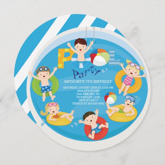 キュートガールズボーイズプール誕生日招待状 招待状 (正面/裏面)