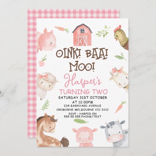 キュートガールズミニマリストファームテーマ誕生日 招待状 (正面/裏面)