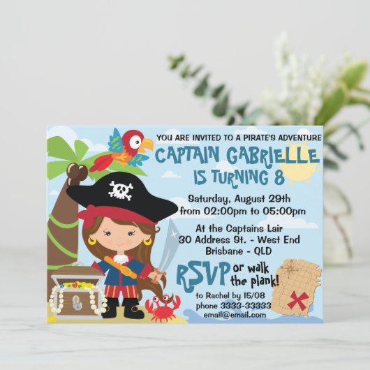 キュートガールパイレーツパーティー誕生日招待状 招待状 (スタンド正面)