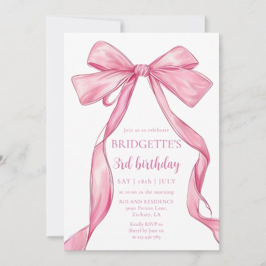キュートガールピンクボウ誕生日 招待状 (正面)