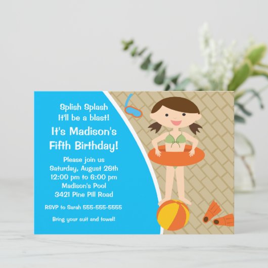 キュートガールプールパーティー誕生日招待状 招待状 (スタンド正面)