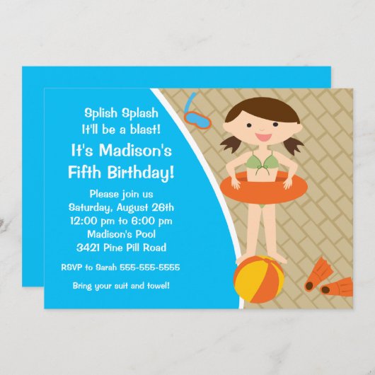 キュートガールプールパーティー誕生日招待状 招待状 (正面/裏面)