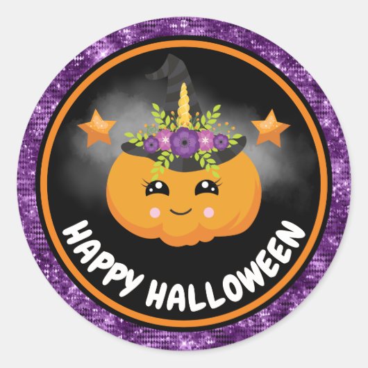 キュートキッズパンプキン&パープルグリッターハッピーハローウィン ラウンドシール (正面)