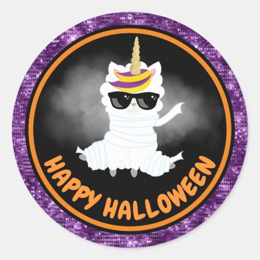 キュートキッズラマ&パープルグリッターハッピーハローウィン ラウンドシール (正面)