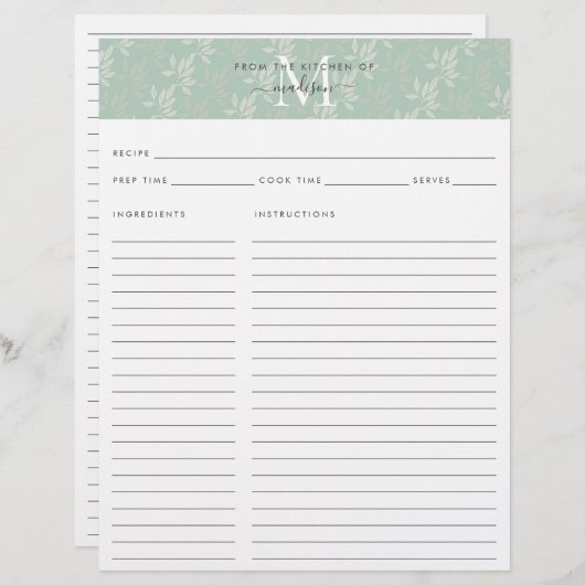 キュートキッチンモノグラムティール（緑がかった色）フローラ植物学レシピ (正面/裏面)