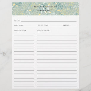 キュートキッチンモノグラムティール（緑がかった色）フローラ植物学レシピ