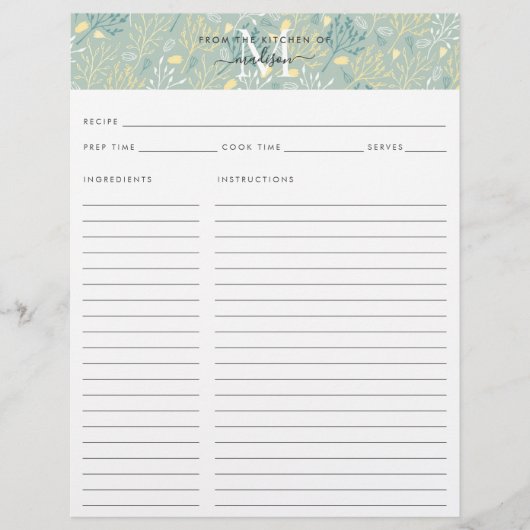 キュートキッチンモノグラムティール（緑がかった色）フローラ植物学レシピ (正面)