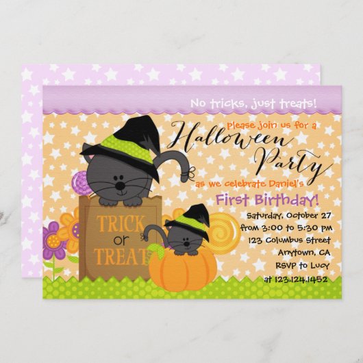 キュートキッツハローウィンパーティ誕生日 招待状 (正面/裏面)