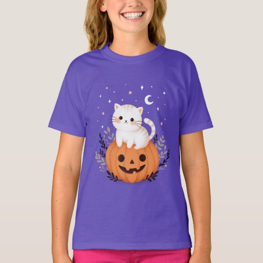キュートキットオンパンプキンハロウィンイラストレーション Tシャツ (正面)