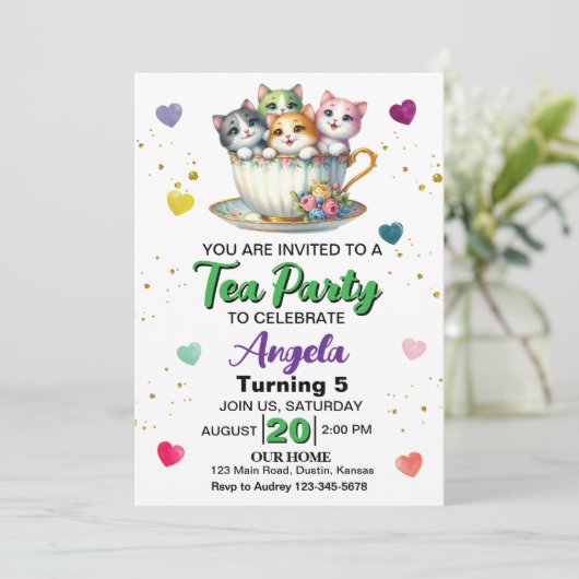 キュートキットンティーパーティーエイジ誕生日 招待状 (スタンド正面)