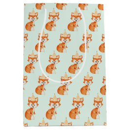 キュートキツネウッドランドパーティーハットハッピーバースデーミント ミディアムペーパーバッグ