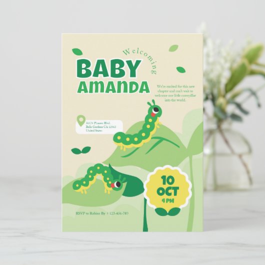 キュートキャタピラーベビーシャワー招待状 招待状 (スタンド正面)