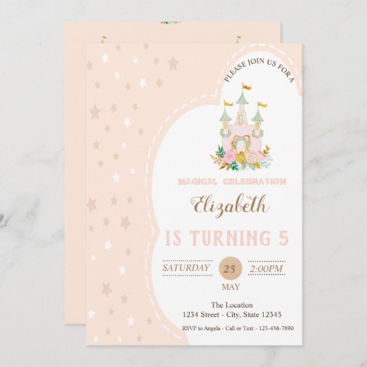 キュートキャッスルスターズ誕生日 招待状 (正面/裏面)