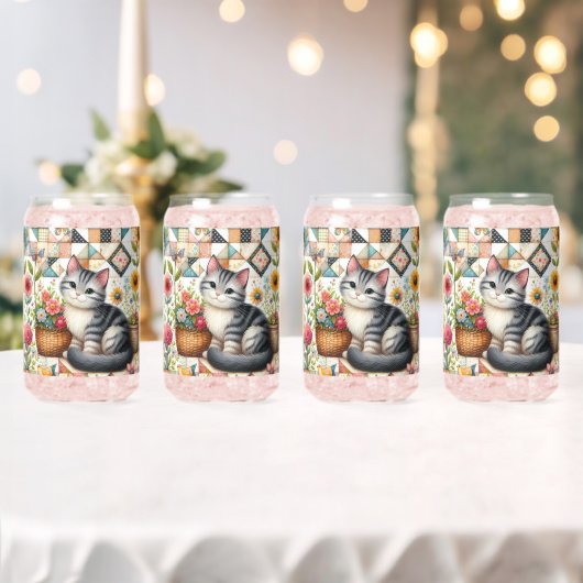 キュートキャットオンフローラキルトコテージコアアート ガラス缶 (インサイチュ (ウェディング))