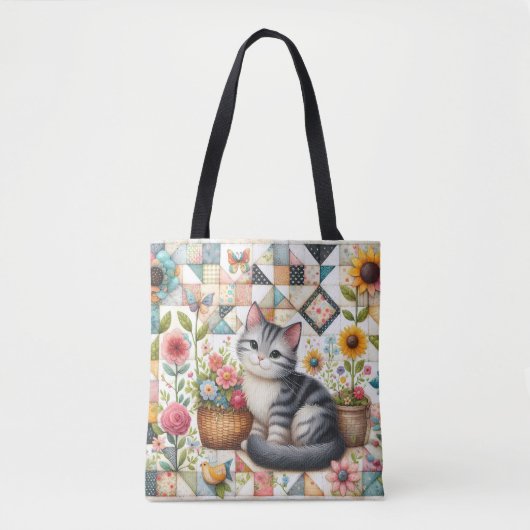 キュートキャットオンフローラキルトコテージコアアート トートバッグ (正面)
