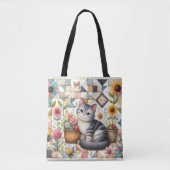 キュートキャットオンフローラキルトコテージコアアート トートバッグ (正面)