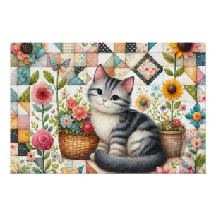 キュートキャットオンフローラキルトコテージコアアート ポスター