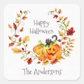 キュートキャットカボチャ紅葉リースハロウィーン スクエアシール (正面)
