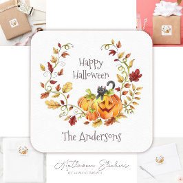 キュートキャットカボチャ紅葉リースハロウィーン スクエアシール
