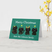 キュートキャットクリスマスライトカスタムグリーンホリデイ カード (黄色い花)