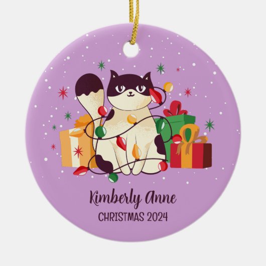 キュートキャットクリスマス子猫スノーウィースウィンターホリデー セラミックオーナメント (正面)