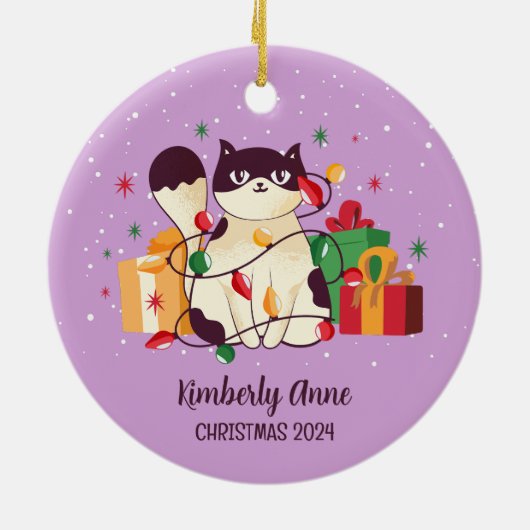 キュートキャットクリスマス子猫スノーウィースウィンターホリデー セラミックオーナメント (裏面)