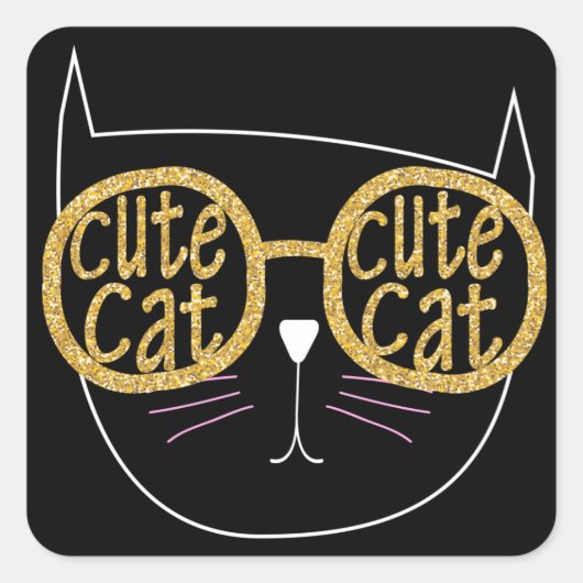 キュートキャットグラスグラフィック金ゴールドグリッター子猫顔 スクエアシール (正面)