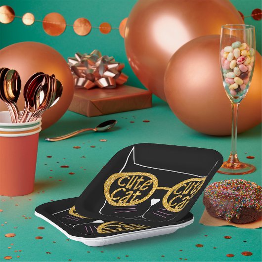 キュートキャットグラスグラフィック金ゴールドグリッター子猫顔 ペーパープレート