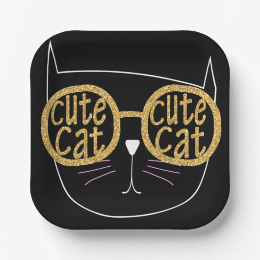 キュートキャットグラスグラフィック金ゴールドグリッター子猫顔 ペーパープレート (正面)