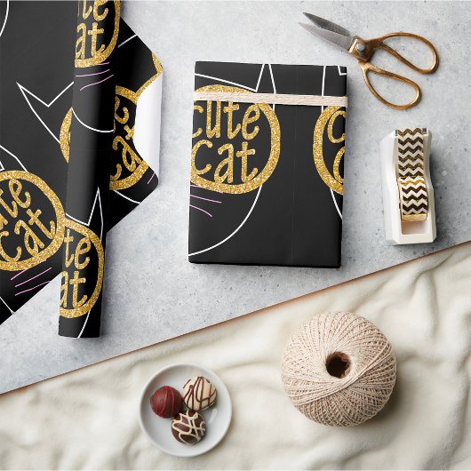 キュートキャットグラスグラフィック金ゴールドグリッター子猫顔 ラッピングペーパー