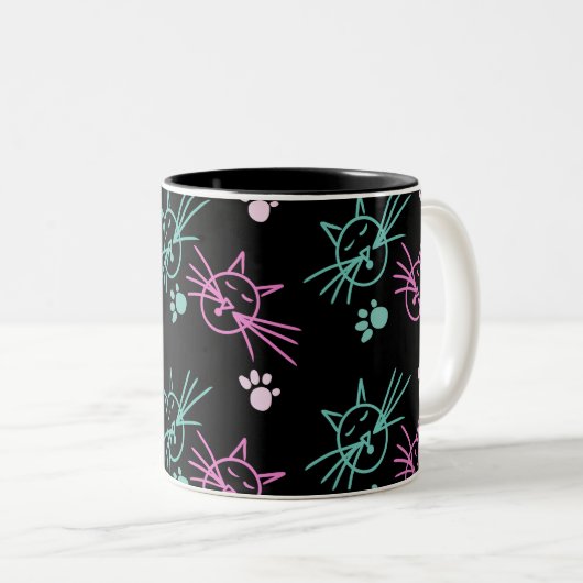 キュートキャットドードルピンクティール(緑がかった色)ブラック ツートーンマグカップ (正面右)