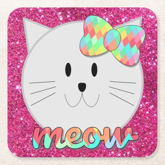 キュートキャットニャーレインボーボークピンクグリッター子猫キッズ スクエアペーパーコースター (正面)