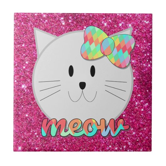 キュートキャットニャーレインボーボークピンクグリッター子猫キッズ タイル (正面)