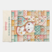 キュートキャットハウスキルトパッチワークパステル名前をカスタムする キッチンタオル (横)