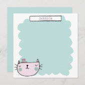 キュートキャットパステルティール(緑がかった色)パーソナライズされた薄紫 サンキューカード (正面/裏面)