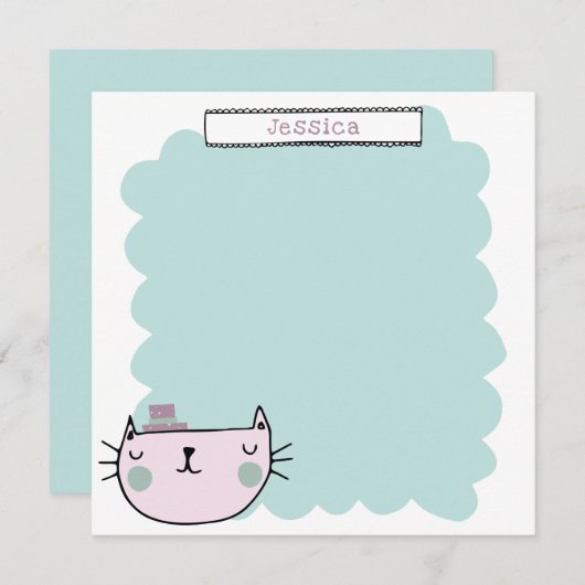 キュートキャットパステルティール（緑がかった色）パーソナライズされた薄紫 サンキューカード (正面/裏面)