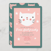 キュートキャットピンクグリーンパープルスターズ誕生日 招待状 (正面/裏面)