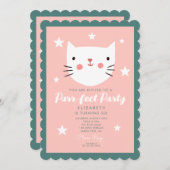 キュートキャットピンクグリーンパープルスターズ誕生日 招待状 (正面/裏面)